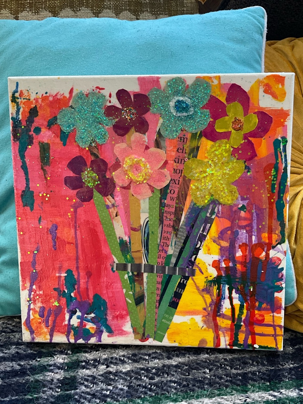 Handmade Multi-Color Floral Mixed Media Canvas Art